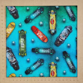 Tissu french terry bleu vert skateboard