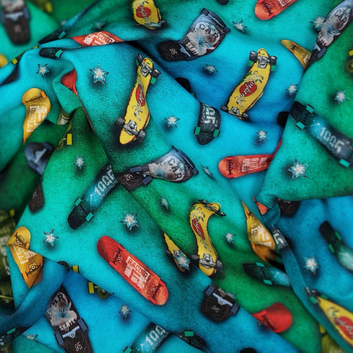Tissu french terry skateboard bleu vert