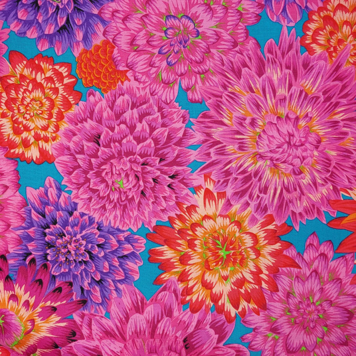 Tissu Kaffe Fassett chrysanthèmes roses et oranges sur fond bleu
