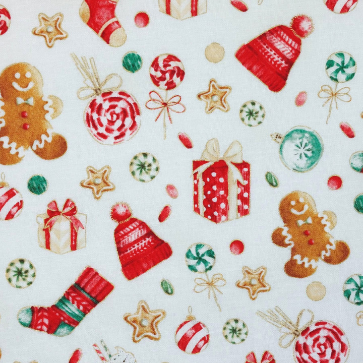 Tissu de Noël bonnets pains d'épice cadeaux et sucettes