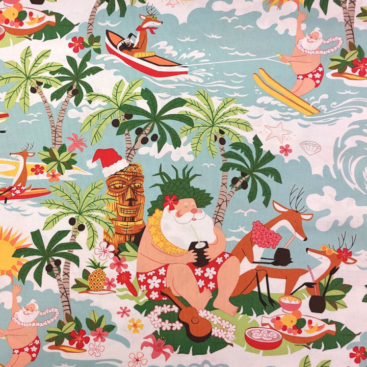 Tissu père Noël rigolo en vacances - coton