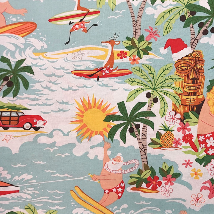 Tissu père Noël rigolo en vacances - coton