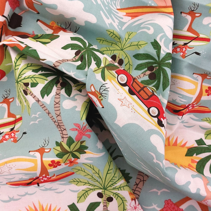 Tissu père Noël rigolo en vacances - coton