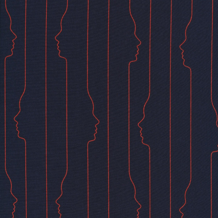 Popeline de viscose bleu foncé avec lignes de visages rouges